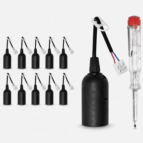NCC-Licht 10 x E27 Lampenfassung schwarz - Baufassung mit Zugentlastung für Baustelle, DIY Leuchten und Pendelleuchten - max. 60W Leistungsaufnahme - inkl. Spannungsprüfer