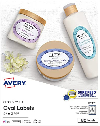 Avery Printable Blank Oval Labels, 2 x 3-1/3, Glossy White, 80 Customizable Labels (22820)