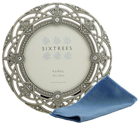 Ornate Vintage Silver & Crystal Round Photoframe for a 4 Picture - Helena by Sixtrees.. Complete with our Microfibre cleaning cloth..