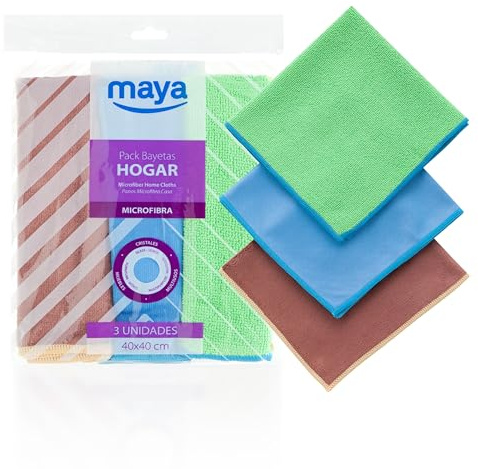 Maya - Bayetas de Microfibra para Limpieza del Hogar sin Dejar Rayas | 40x40 cm | Pack de 3 Paños para Muebles, Cristales y Multisuperficies (Marrón, Azul y Verde)