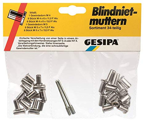 Dresselhaus 0/2984/000/ / / /99 Gesipa-Blindnietmuttern, Sortiment, u.1Gewinded.M5 für NTS u. 8, Bestehend aus 1Gewindedorn M4, 1 Stück, Grau