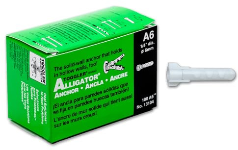 TOGGLER Alligator A6 Screw Anchors, Plastic Expansion Anchors for Concrete, Brick, Stone & Drywall, Fits #6–#12, 1/4 x 1-1/8, Heavy Duty, 69 lb in 1/2 Drywall (Pack of 100 Screws not Included)