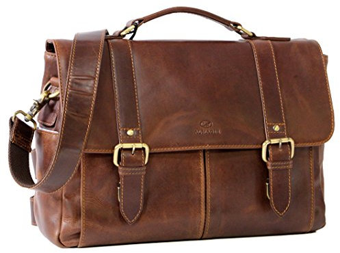 ALMADIH Leder Aktentasche CLAYTON BD Rindsleder gepolsterte Laptoptasche viele Fächer Ledertasche Umhängetasche Schultertasche Businesstasche Herren Tasche mit Kofferschlaufe braun (Clayton Deluxe)