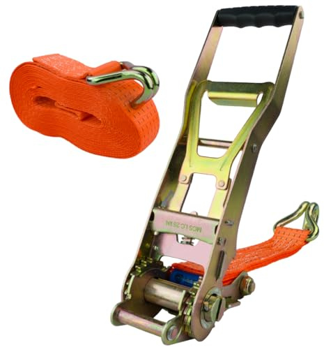 Spanngurt mit Langhebel-Ratsche und Haken, 50mm breit 8m lang, bis 5000kg, Spanngurte orange, Zurrgurt für Ladungssicherung, Spanngurt mit Doppelspitzhaken, Gurtband, Zurrgurte 8m