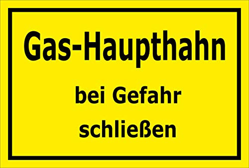 Melis-Folienwerkstatt Schild Gas-Haupthahn - Bei Gefahr schließen – 15x10 cm – 3mm Aluverbund – Bohrlöcher – mehrere Größen/Materialien