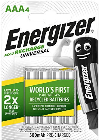 Energizer Recharge Universal - Batterie Ricaricabili AAA (pacco da 4) - Pile 500 mAh NiMH - pronte all'uso - potenza di lunga durata - 100% imballaggio riciclabile privo di plastica
