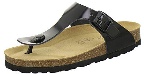 AFS-Schuhe 2107, modische Zehentrenner Damen Sandale aus Leder, Bequeme Pantoletten mit Fussbett Made in Germany (43 EU, schwarz Lack)