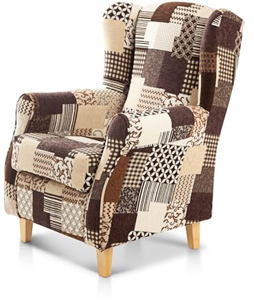 Silla SuenosZzz-Wingback. Silla de lactancia perfecta, tela de tapicería, patchwork, marrón/beige tamaño: 102 x 76 x 74 cm.