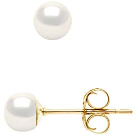 PEARLS & COLORS - Boucles d'Oreilles Véritables Perles de Culture d'Eau Douce Boutons - Blanc Naturel - Qualité AAA+ - Or Jaune - Système Poussette Haute Qualité - Bijou Femme