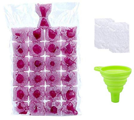Sacchetti usa e getta per cubetti di ghiaccio, 100 stampi per cubetti di ghiaccio, autosigillanti, per whisky, cocktail, bevande, barbecue, feste e viaggi (trasparenti, con 1 imbuto)