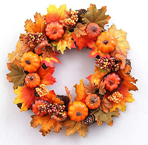 FHEDE Halloween Haustür Kürbisse Kranz Dekorationen, 40cm künstliche Ahorn Kürbisse Blätter Herbst Kranz, Ernte Kranz Ahorn Blätter Tannenzapfen und Bunte Beeren (L: 40cm)
