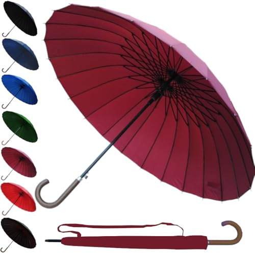 COLLAR AND CUFFS LONDON 95KPH Parapluie Canne Solide Tempete Homme Femme - 24 Baleines Resistant Vent Fort Automatique - Grande Taille XL - Poignée en Bois - Fibre de Verre - Bourgogne Rouge