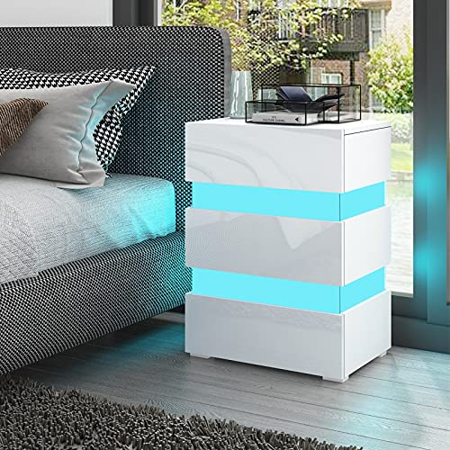 Nachttisch mit LED, Nachtkommode Weiß Hochglanz mit 3 Schubladen, Moderner Nachtschrank 45x35x67 cm, Beistelltisch mit Großer Stauraum für Schlafzimmer