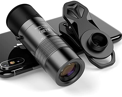 Primo piano monoculare 6x + telescopio portatile multifunzione ad alta definizione ampio campo visivo, con cover + clip per telefono, compatibile con iPhone, ecc.