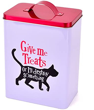 Widdop and Co Fun, Humorous Cat Biscuit Treat Storage Tin - Give Me Treats - White, Black, Metallic Red - 22.5cm
