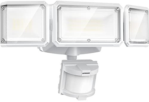 LEPOWER Projecteur LED d'extérieur alimenté par piles, 1500 lm, détecteur de mouvement, 5000 K, étanche IP65, détecteur de mouvement à 3 têtes pour garage, cour, porche