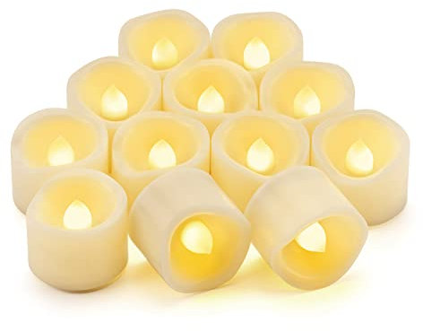 CANDLE IDEA 12 velas de té con temporizador sin llama, 6 horas encendidas y 18 horas apagadas por ciclo, funciona con pilas, velas LED parpadeantes con temporizador para decoraciones de calabaza de