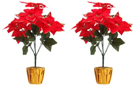ZHDOKA 2 Stück künstliche Weihnachtssterne mit roten Weihnachtsstern, Weihnachtsstern, Pflanze im goldenen Topf, Weihnachtsblume Bonsai, Seide, Glitzer, Weihnachtsstern, Heimdekoration