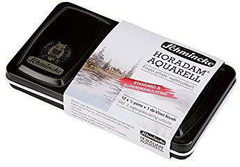 Schmincke - HORADAM® AQUARELL 12 halbe Pfannen – Standard- und Supergranulierende Farben – und da Vinci Pinsel, 74630097, Metallbox, Malset, 12 x 1/2 Pfannen