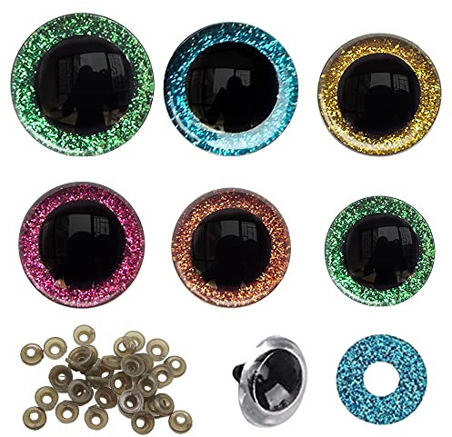 Pamtns 60 Stück Sicherheitsaugen Glitzer 16-30 mm Plastik Tieraugen zum Stecken Puppenaugen Bunt Augen Teddyaugen Kunststoff Sicherheitsaugen für Häkeltiere mit Unterlegscheiben für DIY Bastel