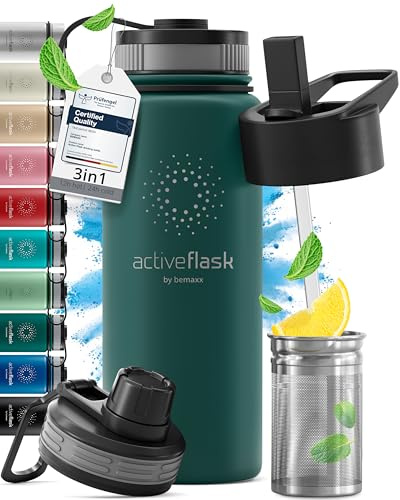 Botella de Agua Térmica ACTIVE FLASK + Pajita (3 Tapones) sin BPA - 1l & 500ml | Frasco Termo de Acero Inoxidable + Aislamiento Vacío | Cantimplora Aislada Bicicleta Deporte Caliente Fría Café Té