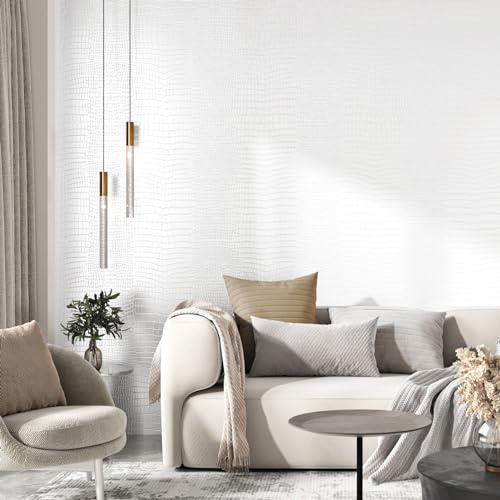 Yullpaper Self Adhesive White Wallpaper for Living Room White Vinyl Wrap for Furniture Counter Luxury Textured Wallpaper Imitation Leather Sticky Back Plastic Roll Vinyl Cabinet Cover 40cm x 300cm