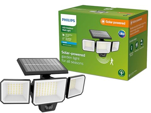 Philips LED Nysil, Luce solare di sicurezza per esterni, Nero | Luce bianca fredda, 8.7 W, Sensore crepuscolo-alba integrato, Alluminio pressofuso, Fino a 50000 ore, IP44