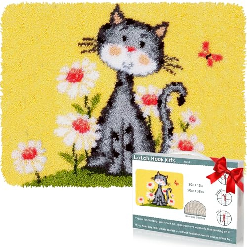 EsLuker.ly Knüpfhaken-Teppich-Set, DIY-Häkelteppich für Erwachsene, Kinder, Anfänger, Katzenmuster, vorgedrucktes Segeltuchgarn, Teppich-Hakensets, kreatives Basteln, Heimdekoration, ideal zum Lernen