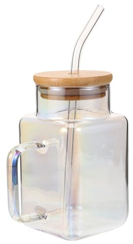 TAEKHW Vasos Cuadrados con asa, Vaso de Cristal Iridiscente con Tapas de bambú y Pajita for té de Burbujas, Zumo, café Helado, cóctel, Whisky