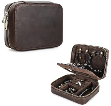 Hiram Schmuckkästchen, Retro-Leder-Aufbewahrungs-Organizer für Ohrringe, Ringe, Halsketten, Armbänder, rechteckige Reise-Schmuckschatulle mit Make-up-Spiegel für Herren (Kaffee)