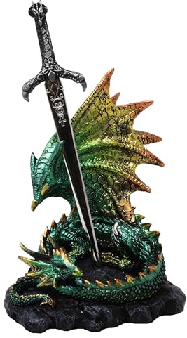 Grüner Drache mit Brieföffner - Drache Fantasy Brief Figur