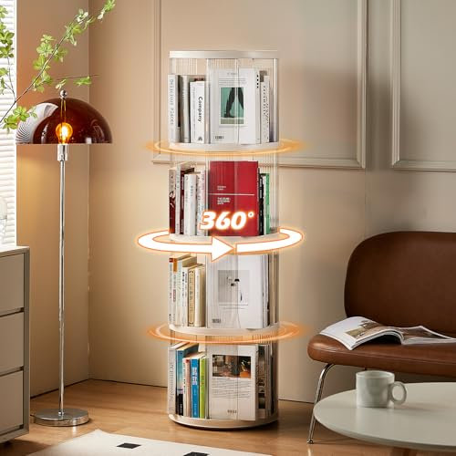 SYNCVIBE Drehbares Bücherregal mit 4 Etagen, kleines Eck-Bücherregal für kleinen Raum, 360°-Display, bodenstehendes Bücherregal, Kunststoff, schmal, Bücherregal, für Schlafzimmer, Wohnzimmer, rund,