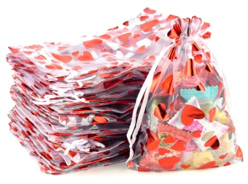 PLECUPE 100 Pezzi Sacchetti Organza 10x15cm Sacchetti Regalo Organzadi cuore, Sacchetti Bomboniere con Coulisse, Gioielli Sacchetto, Sacchettini Trasparenti per Nozze Regalo Caramella Partito