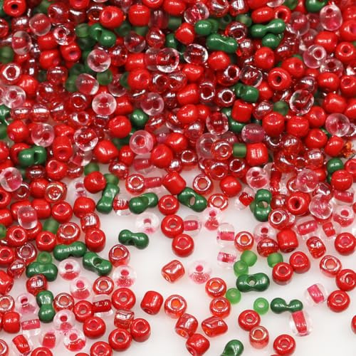 Tibaoffy Mixed Red and Green Beads Size 6/0 Crafts Glass Seed Beads 4mm for Jewelry Making (Total About 100g About 1200pcs)