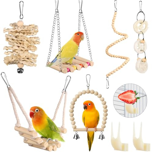 Vogel-Papageien-Spielzeug, zum Aufhängen Vogelkäfig-Zubehör Spielzeug,Papageienschaukel, Leiter, Kauspielzeug, Hängematte für Sittiche, Liebesvögel, Finken und andere kleine Haustiere 8 Pcs