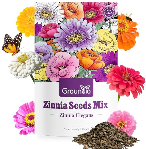 Groundio Zinnia Seeds Mix, 1 Oz, Over 3,000 Flowers Seeds, 5 Varieties (Pink, Yellow, Orange, White, Purple), Mixed Colors and Large Blooms,Open Pollinated - Bulk
