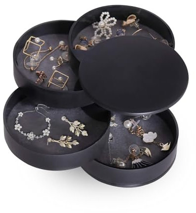 ROEOWENE Schmuckaufbewahrung Rund Drehbar Schmuckkästchen Klein Schmuckkasten Mädchen Damen 4 Ebenen Schmuck Organizer Box Jewelry Schmuckschatulle Schmuckdose für Ringe, Ohrringe, Halskette-schwarz