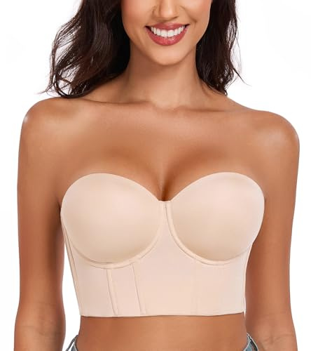 Lemorosy Soutien-Gorge Femme sans Bretelles Moulé à Armature pour Grande Taille Corset Push-up Support Antidérapant (Beige,85E)