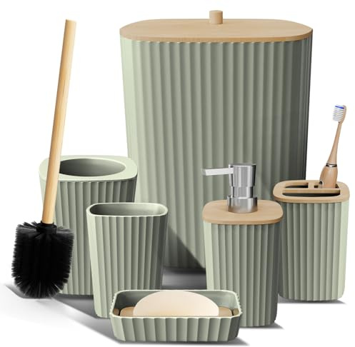 Clara Clark Set di accessori da bagno verde salvia, set di 6 accessori da bagno, set da bagno con scopino, cestino e dispenser di sapone