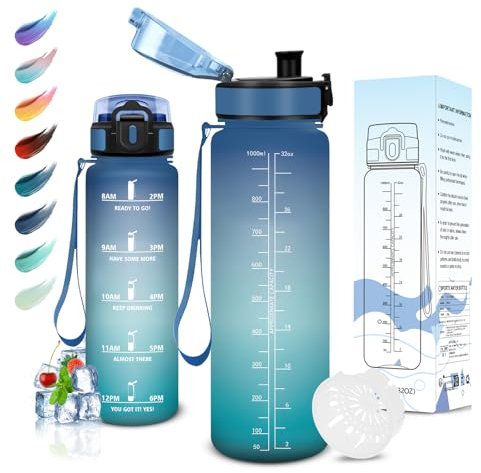 Motswedi Botella Agua, 1000 ml sin BPA, Botella de Agua, Reutilizable, Cantimplora, con Marcador de Tiempo, Botella Agua Gimnasio, Botella para Niños, Deporte, Running, Gimnasio, Bicicleta, Azul Verde