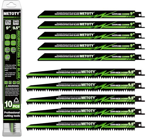 METOTY 10 Stück 228mm & 240mm Säbelsägeblätter Set for Metal Wood Iron, 5 TPI (Tree Branches) & 14 TPI (Iron), with Organizer Case, Durable HCS for Versatile Cutting