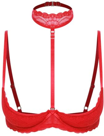 ranrann Femme Soutien-Gorge Sein Nu Halter Neck Top Bra Push Up Bralette Dentelle Lingerie Brassière S-5XL B Rouge XXL