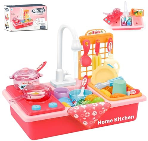 SunaOmni Lavello Giocattolo con Acqua Corrente, Set da 28 lavandini in plastica per Bambini con Rubinetto Migliorato e stoviglie, lavandini Giocattolo a Batteria per Bambini, educativ