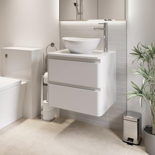 Affine® Forma 600mm Bathroom Cloakroom Vanity Unit Countertop Oval Basin Sink Wall Hung Storage Furniture Soft Close Drawers, White Gloss