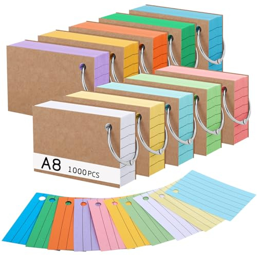 1000 Stücke Karteikarten, A8 Linierte Lernkarten mit Krafteinband und Loseblattring, 150g/m² Lernkarten in 10 Farben für Vokabel Lernen, Schule, Büro, Zuhause(7.4 x 5.2 cm)