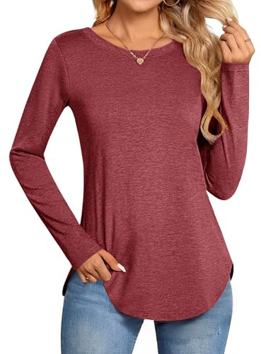 Zeagoo Långärmad tröja för damer, rund halsringning, casual t-shirt, höst, longsleeve, pullover, bas, topp, enfärgad, business longshirt S-XXL, Vinröd, S