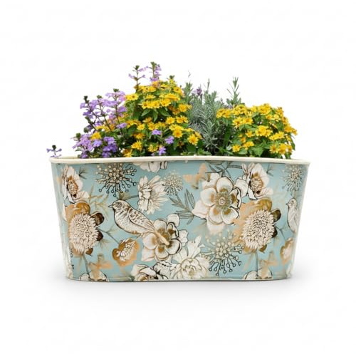 The Happy Garden Galvanised Birdie Plant Pot, Planter with Floral & Bird Design, Indoor Outdoor Flower Pots, Vintage Decorative Plant Container - 10x5.5x4 (Oval)