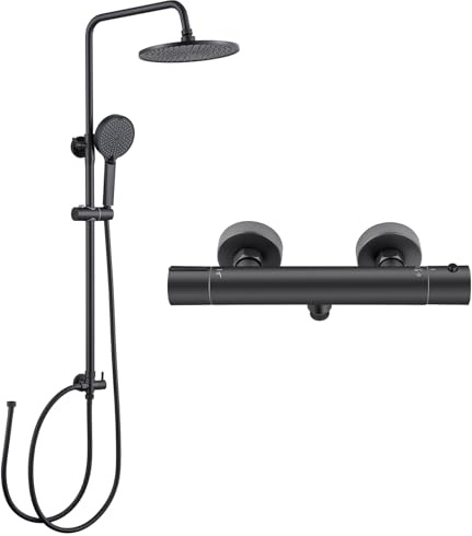 Auralum Noir Ensemble de douche avec robinet thermostatique, système de douche avec douche à effet pluie ronde (Ø 25 cm), douchette à main, thermostat et tige de douche réglable en hauteur