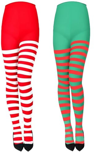 GWAWG 2 par randiga älva strumpbyxor för kvinnor, jultillbehör utklädning, randig älva kostym strumpor strumpbyxor för dam jultomte, cosplay party