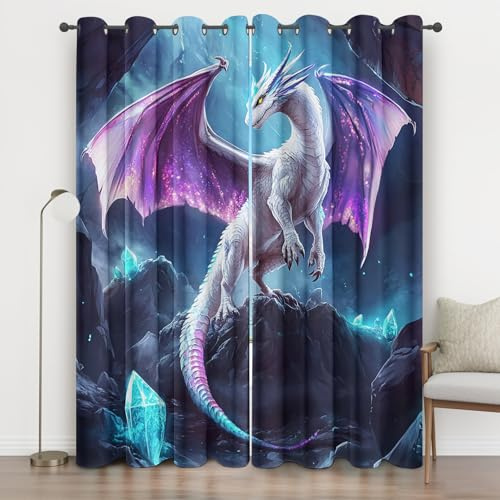Fliegender Drache Vorhänge Blickdicht, Fantasy Drachen Vorhang mit ösen für Wohnzimmer Schlafzimmer, Thermovorhang Kälteschutz Gardinen, Tier Kinder Verdunklungsvorhänge 2er set B 220 x H 215 cm